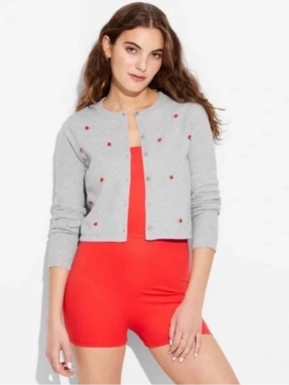 Wild Fable Embroidered Red Rosette Cardigan Gray Size XS | NWT